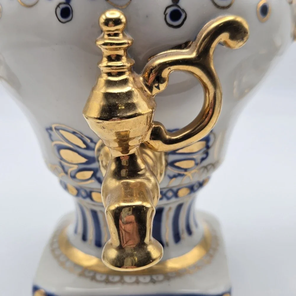 Vintage Russian Gzhel Decorative USSR Porcelain‎ Samovar Teapot Gift Gold Gilt